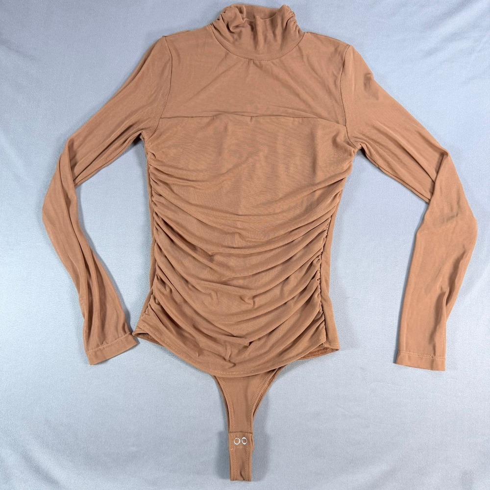 REORIA Mesh Mock Neck Bodysuit Womens S Brown Long Sleeve Sheer Sexy Night‎ Out